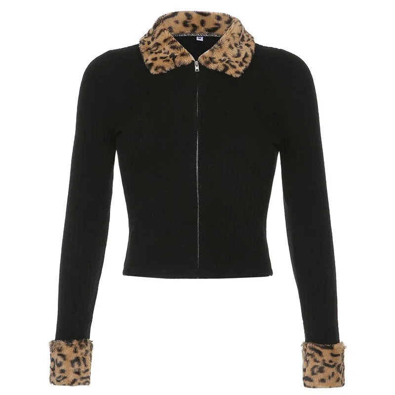 Vintage Leopard Print Fur Collor Cardigans Women Autumn Harajuku y2k Aestheitc Jackets Zipper Streetwear Knit Coat Cuteandpsycho