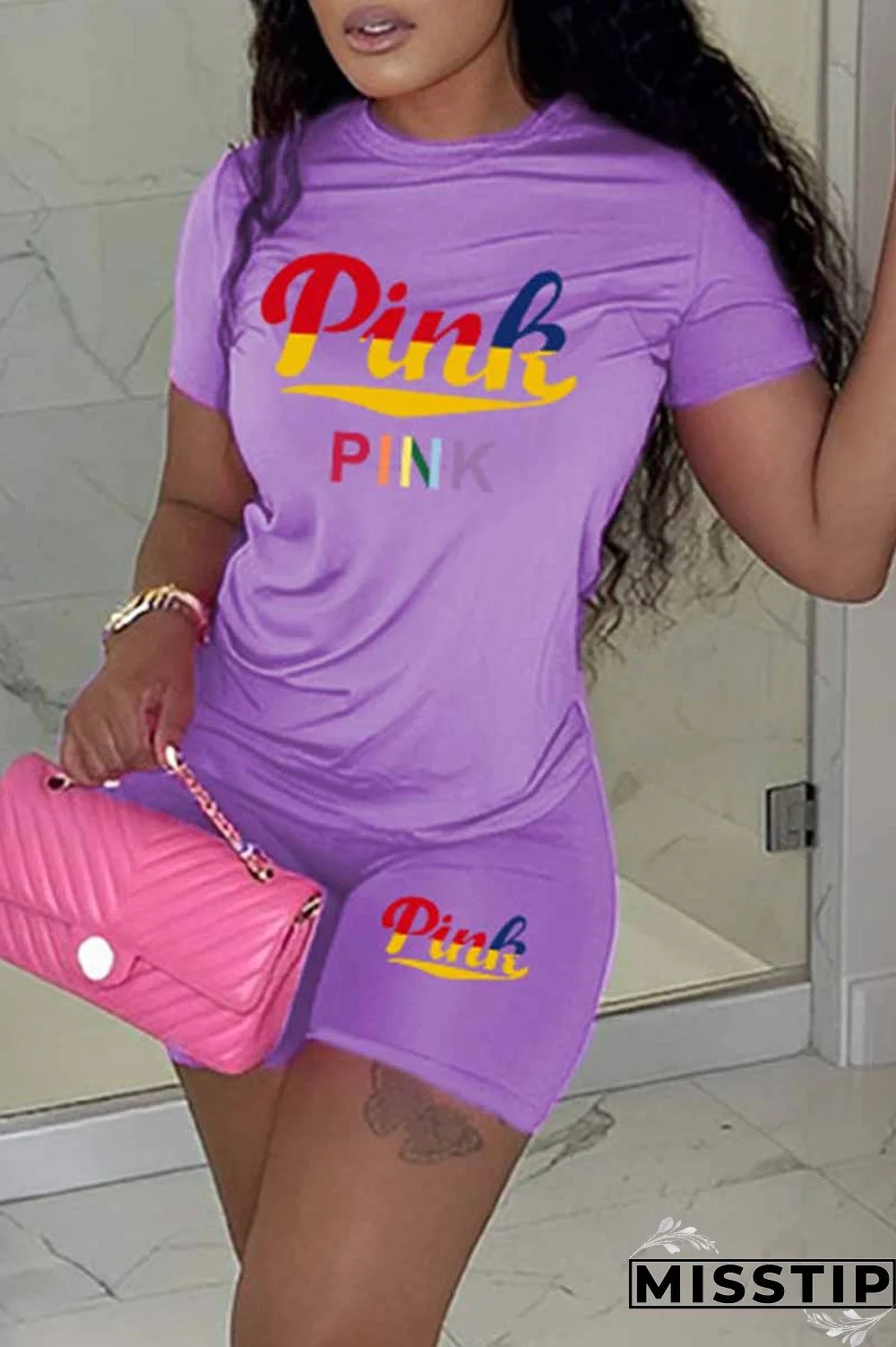 Purple Casual Print Letter O Neck Short Sleeve Two Pieces
