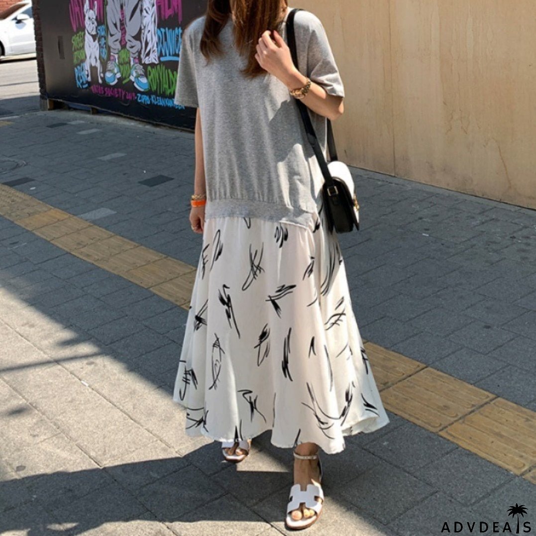 Casual Plus Size Female Stitching Printing Dress for Summer