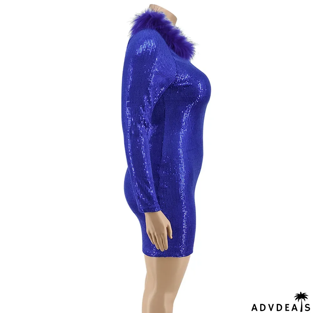 Plus Size Autumn Women's Fur Collar Velvet Bottom Embroidered Sequin Dress