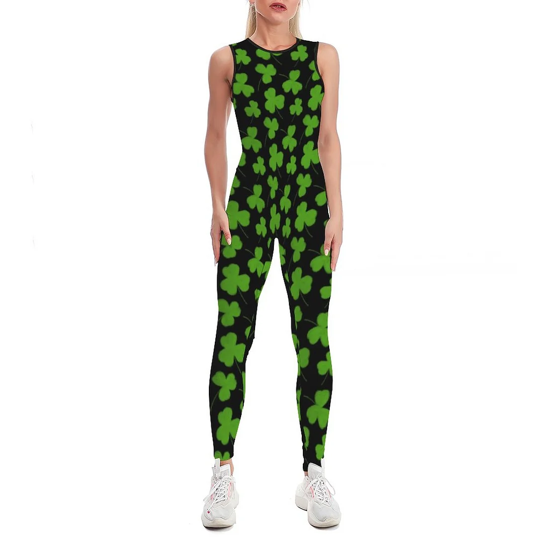 Cute Shamrock Pattern Black Bodycon Tank One Piece Jumpsuits Long Pant Retro Yoga Printing Rompers Playsuit for Women
