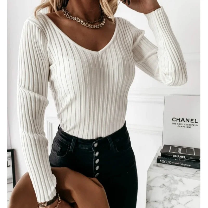 hirigin Women Long Sleeve V-neck Solid Autumn T-shirt 2021 Spring Fashion Casual Street Outfits Pulloveralls Tops