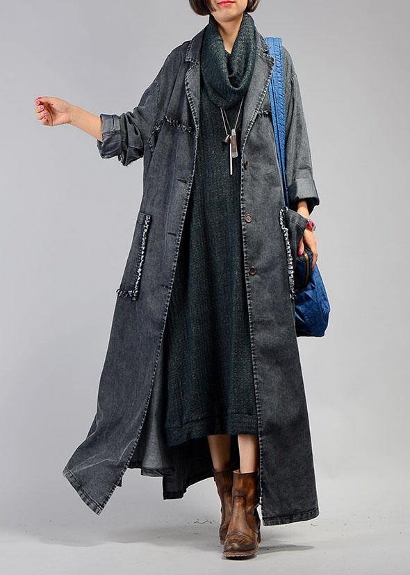 New plus size maxi coat fall denim black Notched Large pockets coat for woman