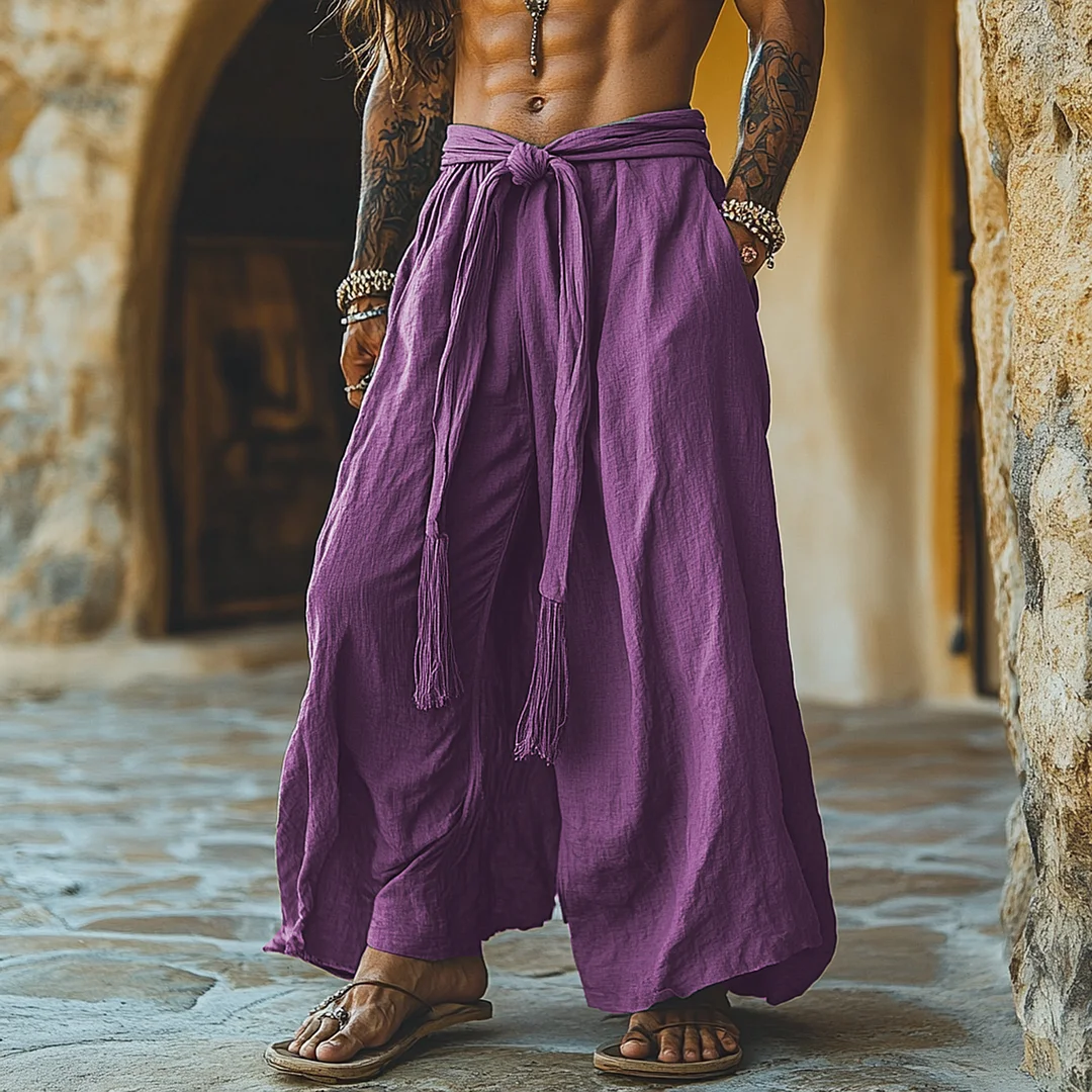  Stylish Purple Wide-Leg Pants with Tassel Tie Waist for Men-inspireuse