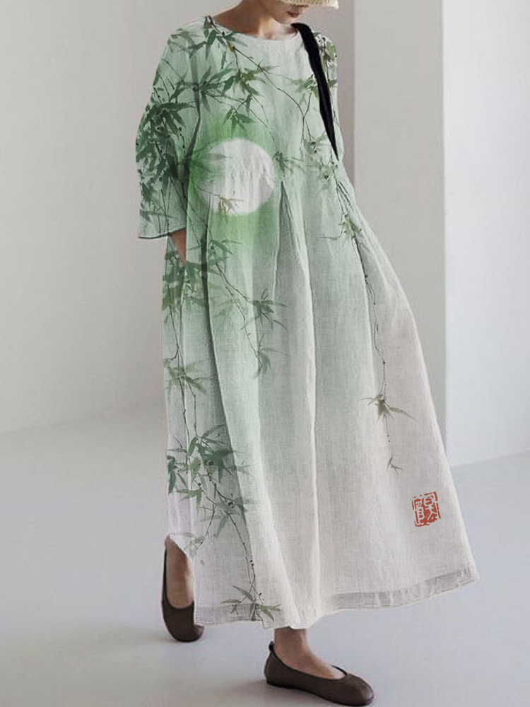 Comstylish Bamboo Leaves Full Moon Japanese Watercolor Linen Blend Maxi Dress