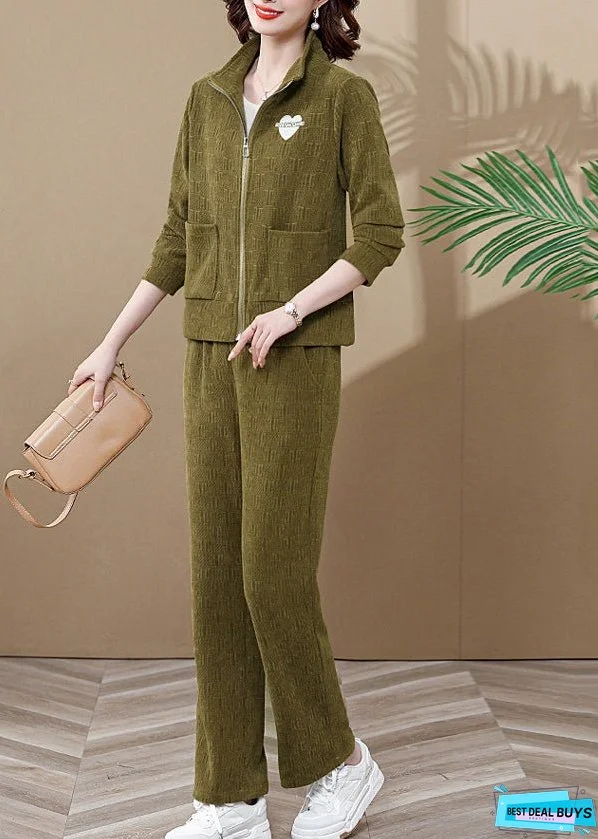 Women Ginger Stand Collar Coats And Wide Leg Pants Two Pieces Set Fall