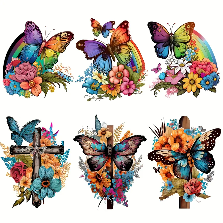 6pcs/pack Colorful Butterfly Hot Stamping Flower Heat Transfer Used On Personalized Products Such As Clothing, T-shirts, Backpacks, Etc