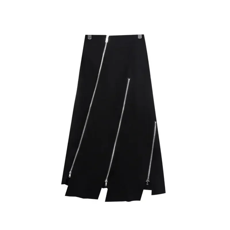 Huibahe Gothic Long Skirt Women Black High Waist A-line Zipper Split Irregular Korean Fashion Midi Skirt Autumn Streetwear