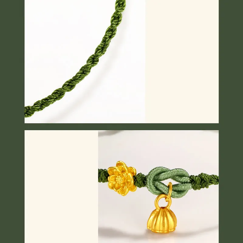 Handmade 999 Gold Lotus Flower Pod New Beginning Braid String Bracelet