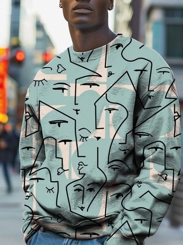 Men's Geometric Facial Lines Art Print Casual Sweatshirt