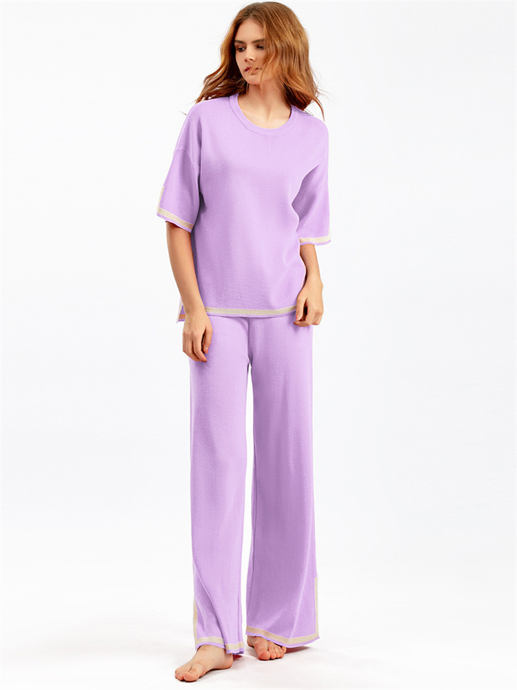 Ootddress Contrast Knit Trousers 2 Piece-Set Female Slim Patchwork Loose Casual Streetwear Pullover And Wide Leg Women's Pants Sets