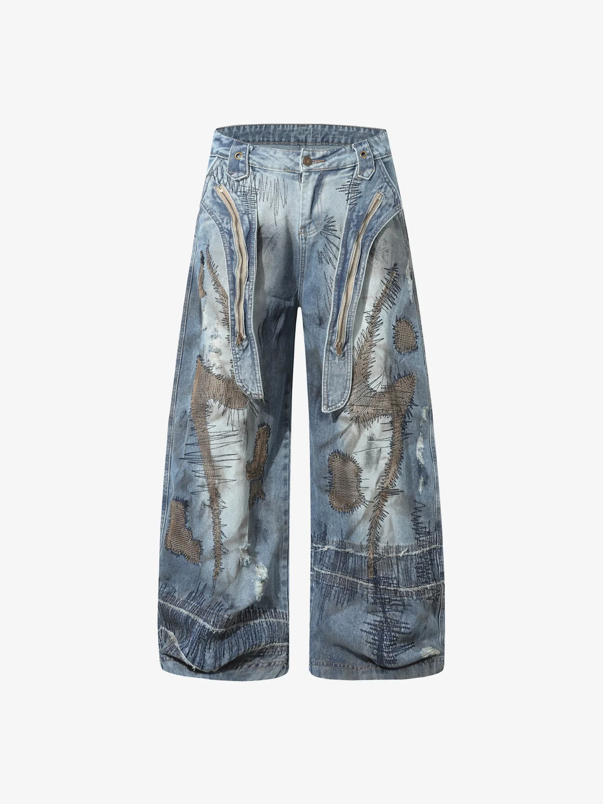 Blue Actchic Irregular Stitch Embroidery Distressed Baggy Jeans Front