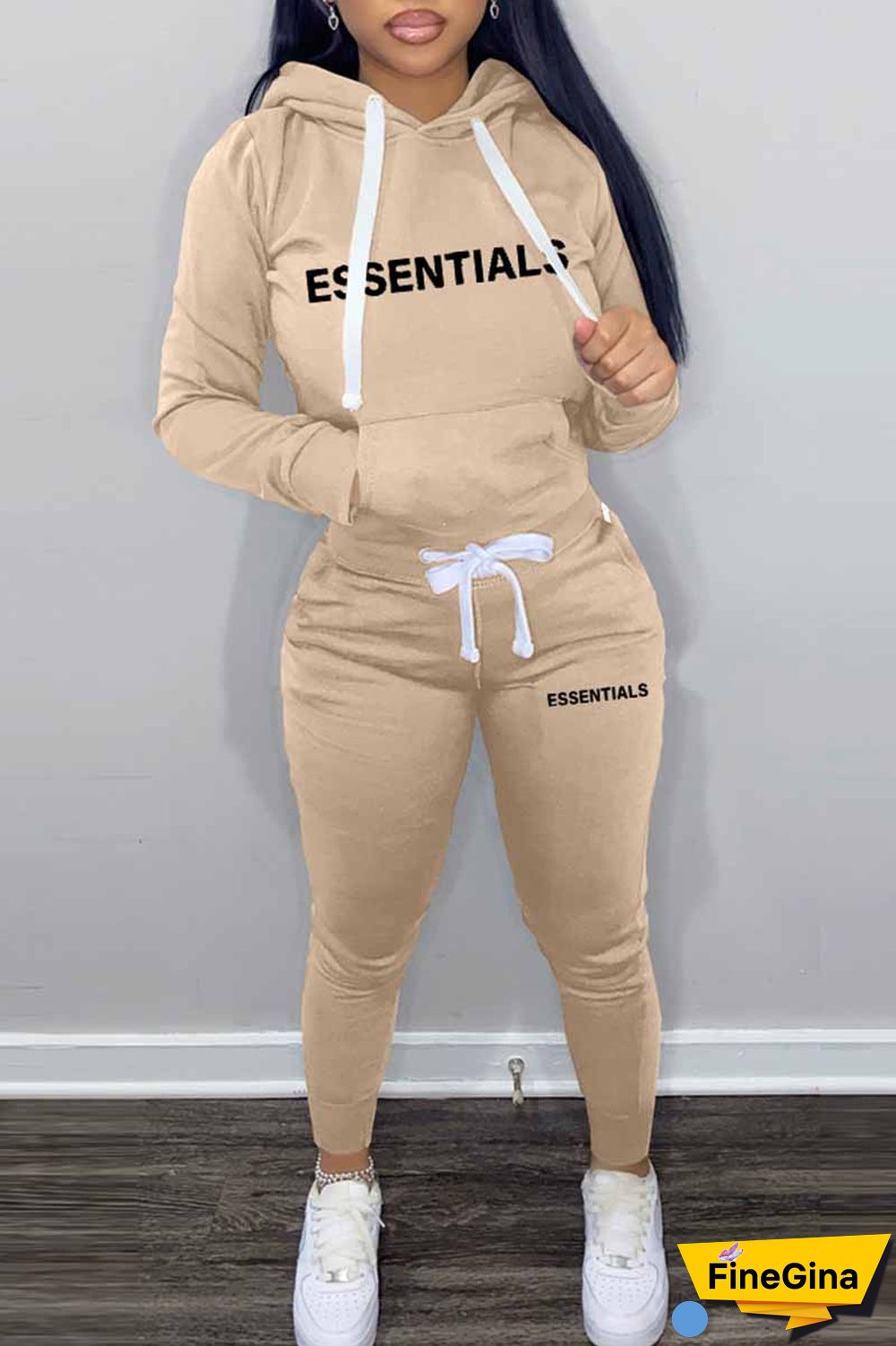 Pink Elegant Print Letter Hooded Collar Long Sleeve Two Pieces