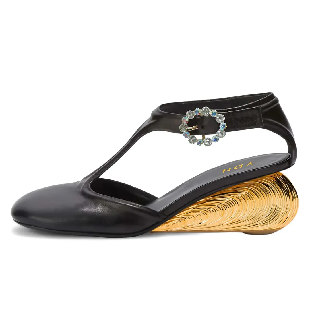 Rhinestone Buckle Low Sculptural Heel T-Strap Black Pumps for Women