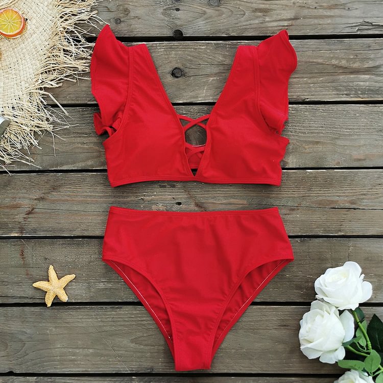 Flaxmaker High Waist Ruffle Solid Color Bikini swimsuit