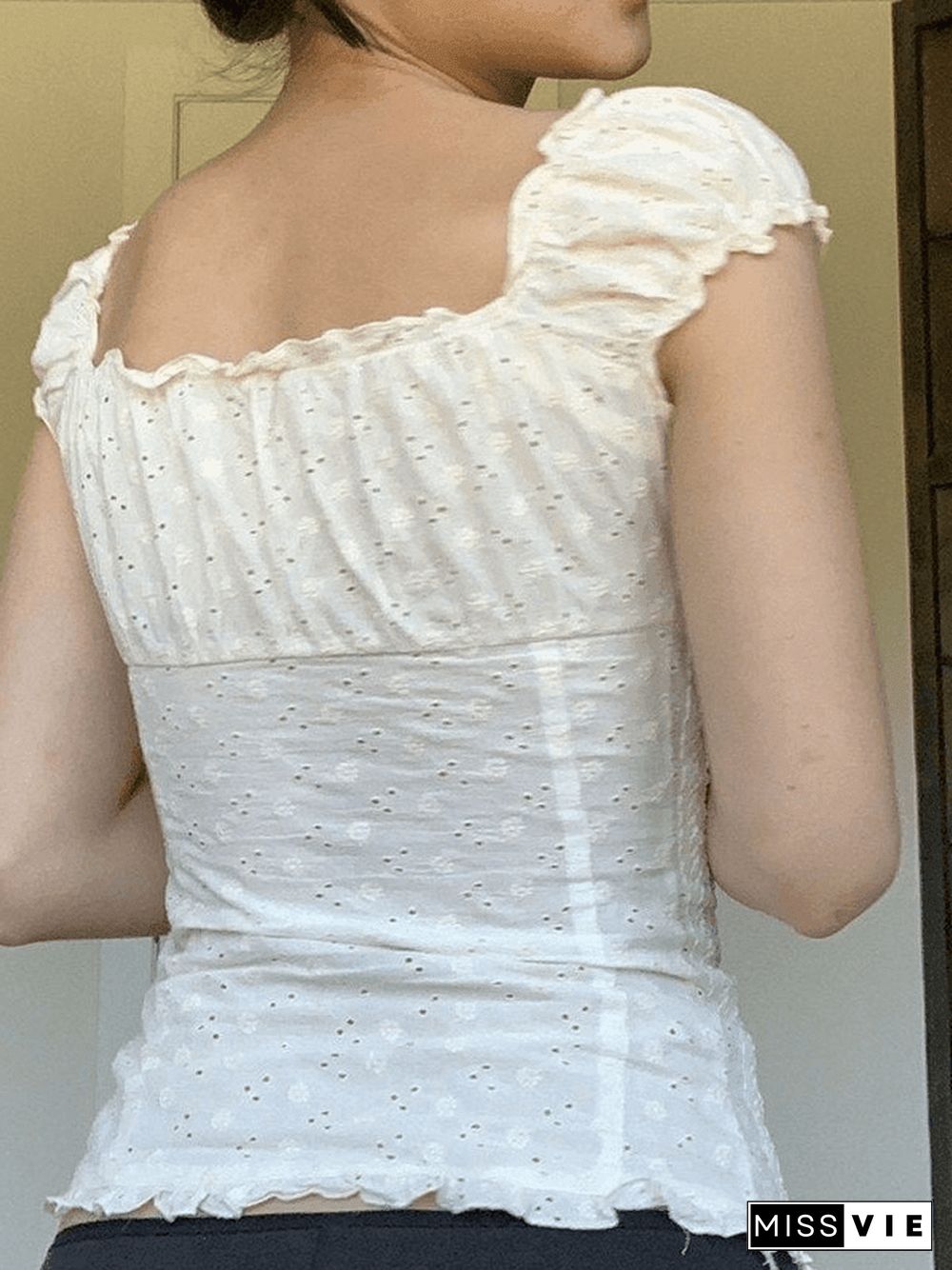 Button Down Broidered Lace Crop Blouse