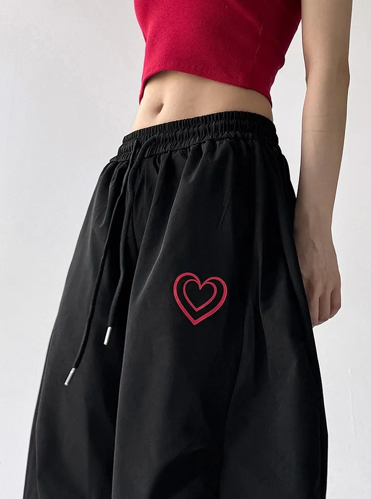 Embroidered Wide Leg Pants with a Drawstring Waist and Multiple Cargo Pockets