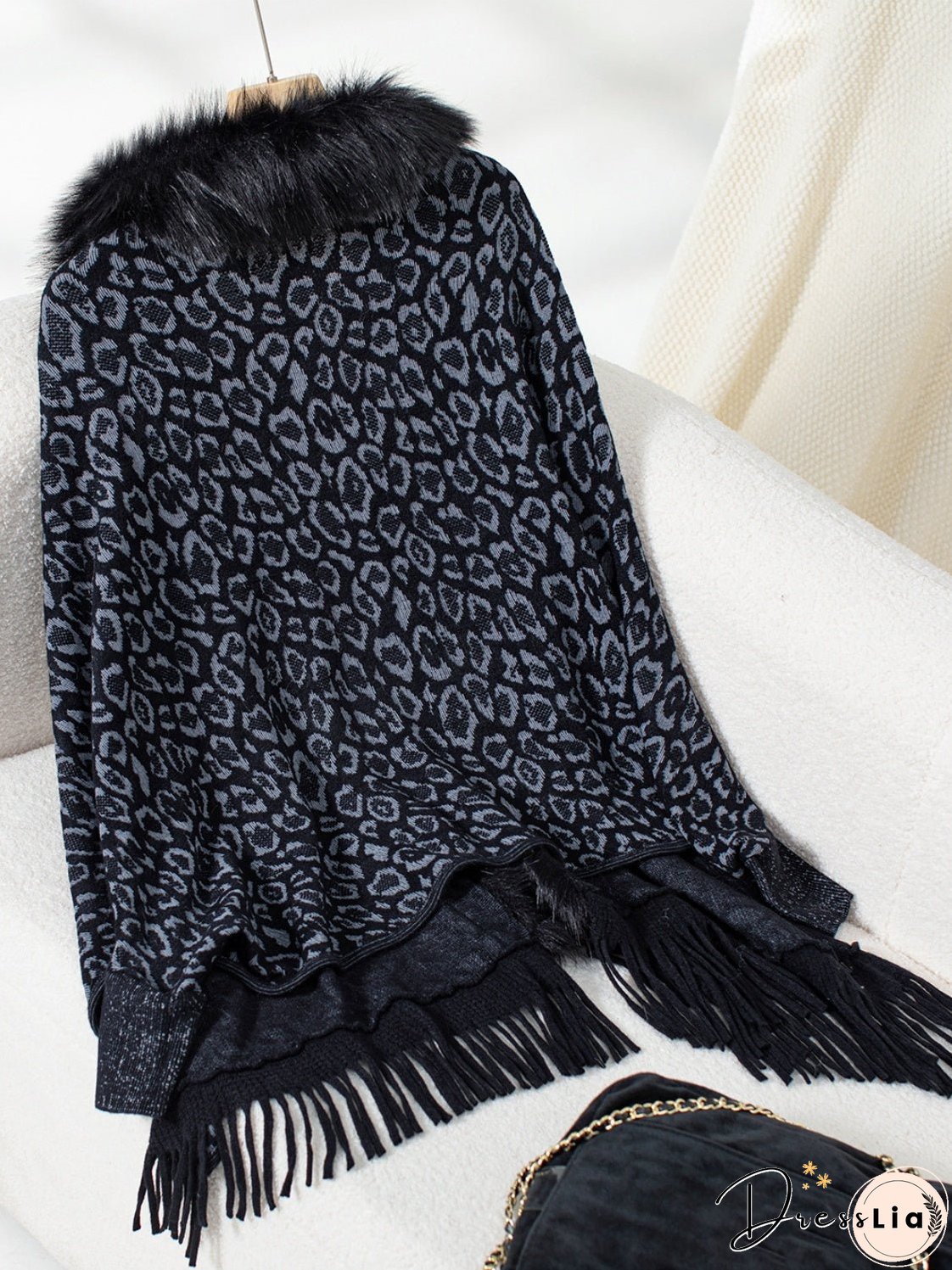 Fringe Leopard Open Front Long Sleeve Poncho