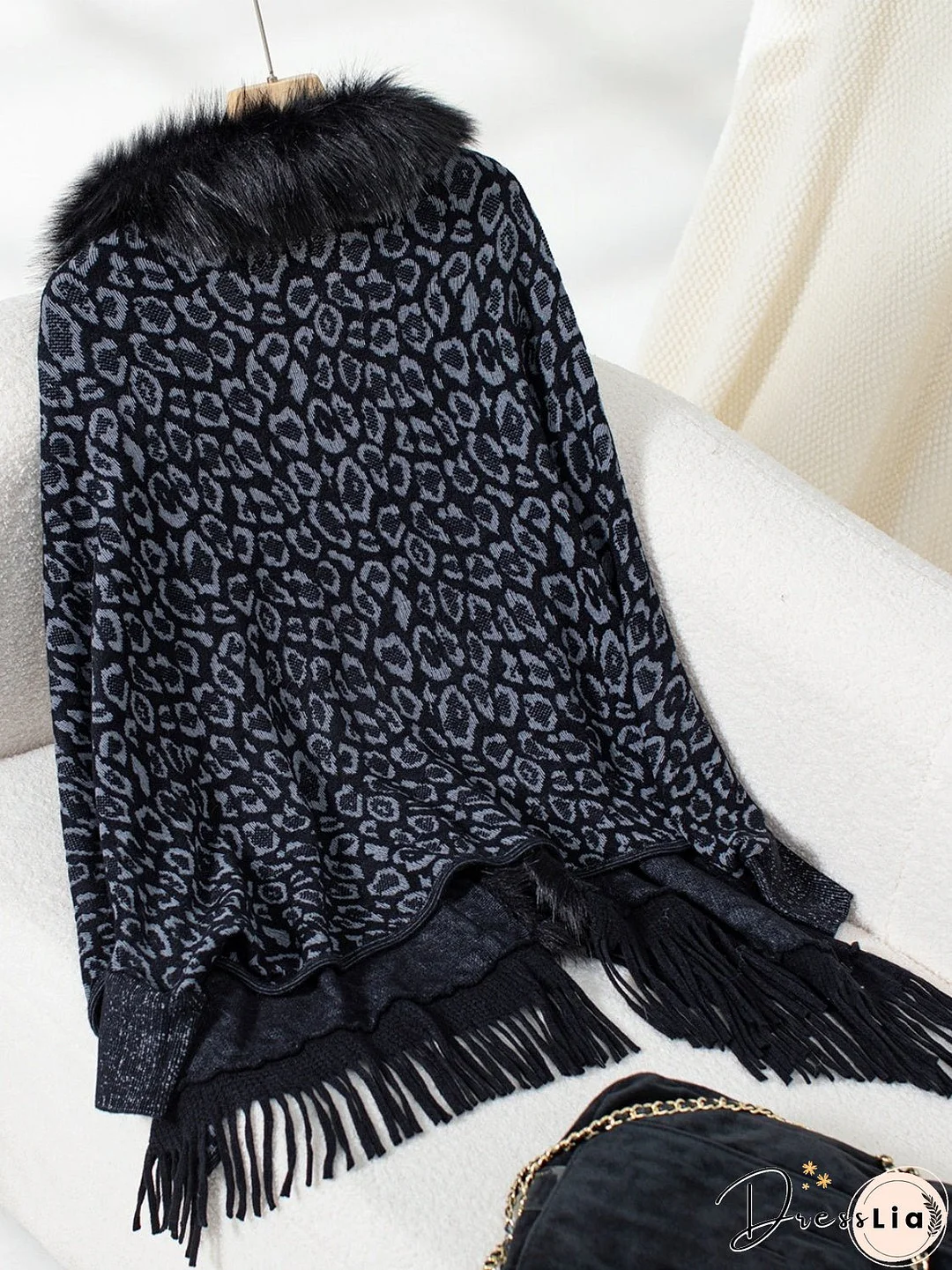Fringe Leopard Open Front Long Sleeve Poncho