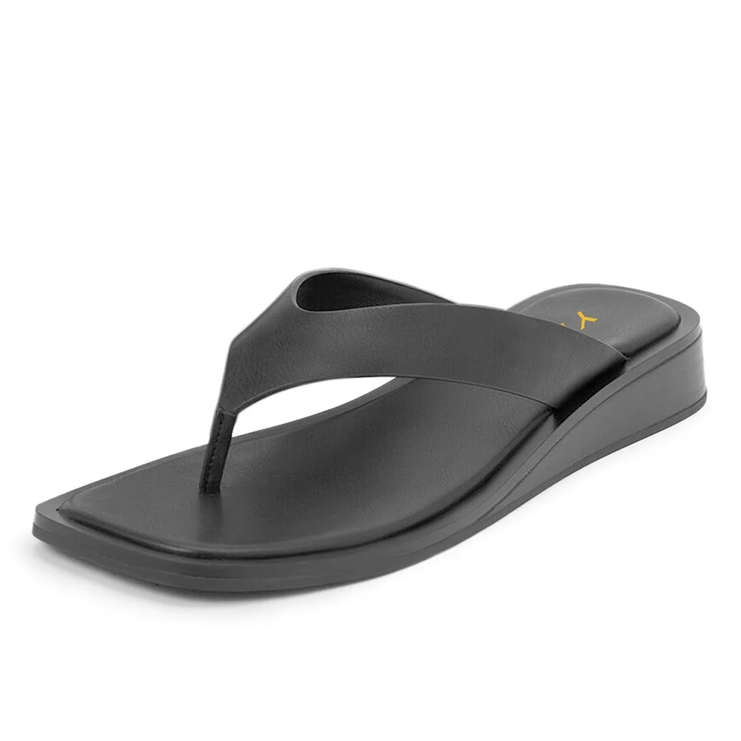 Black Vegan Leather Open Square Toe Flat Casual Flip Flops for Women