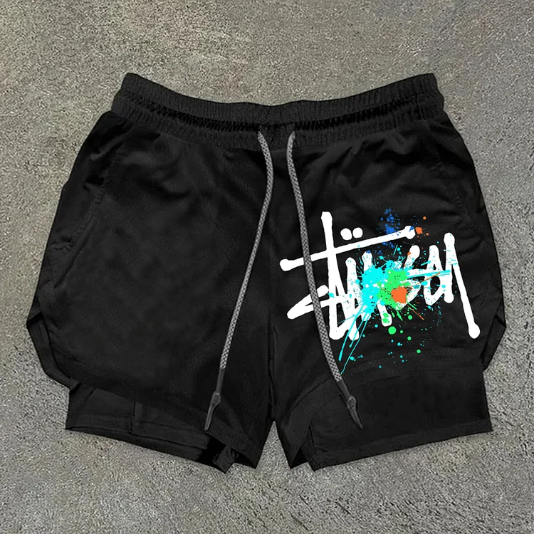 Men's Stussy Graphics Double Layer Quick Dry Drawstring Casual Shorts