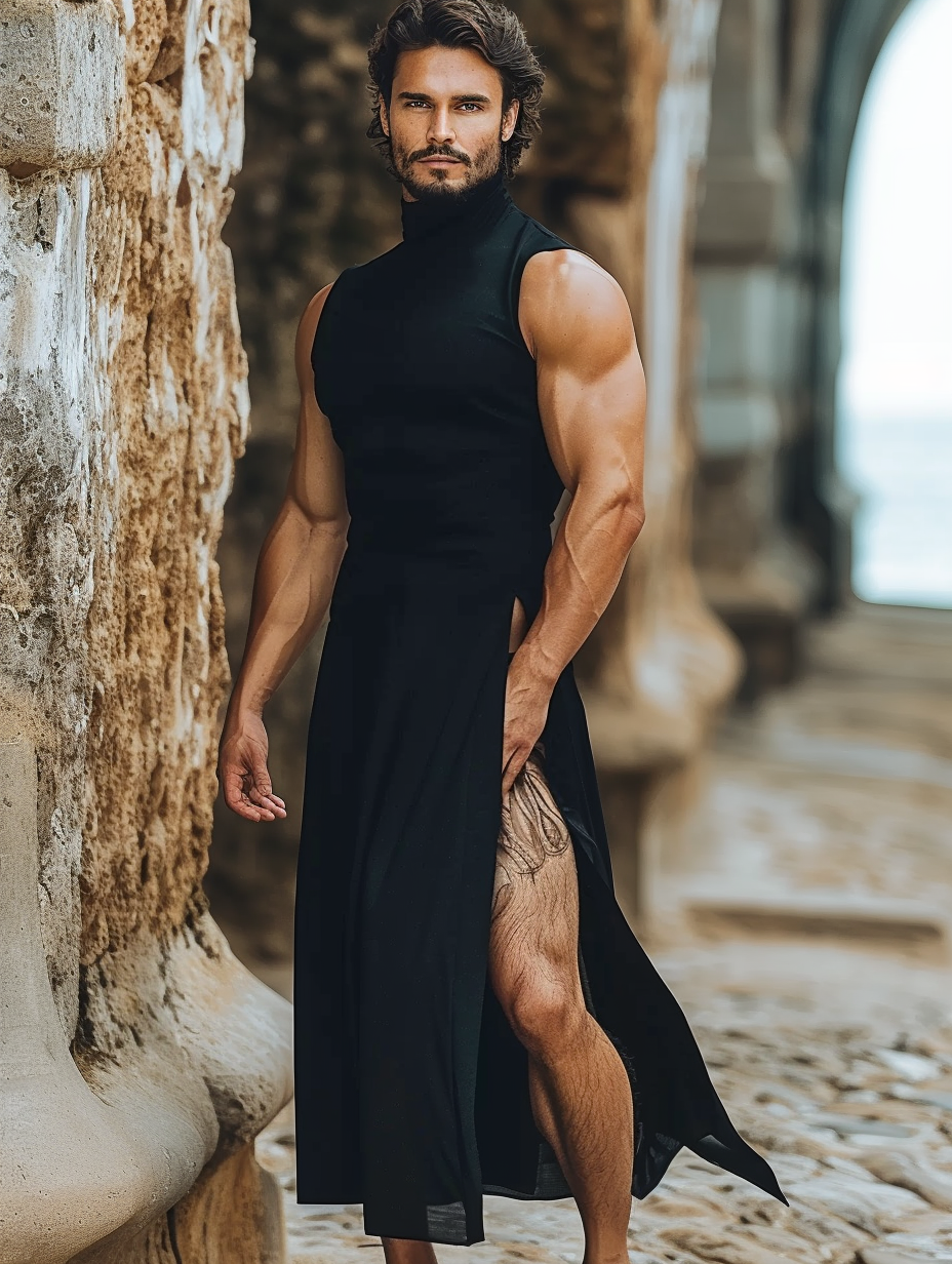 Men's High Neck Split Stretchy Bodycon Maxi Dress