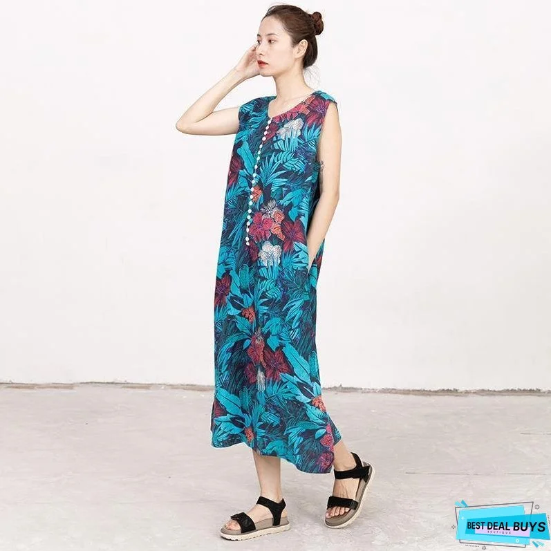 Summer Coloured Printed Round Neck Sleeveless Dress For Women