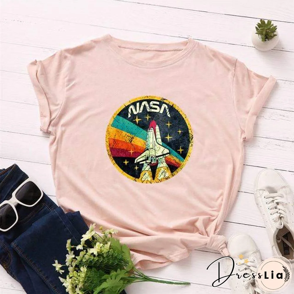 Summer Plus Size Shirt S-5XL New ROCKET Print TShirt Women 100%Cotton O Neck Short Sleeve Tees Casual Tops Woman TShirts