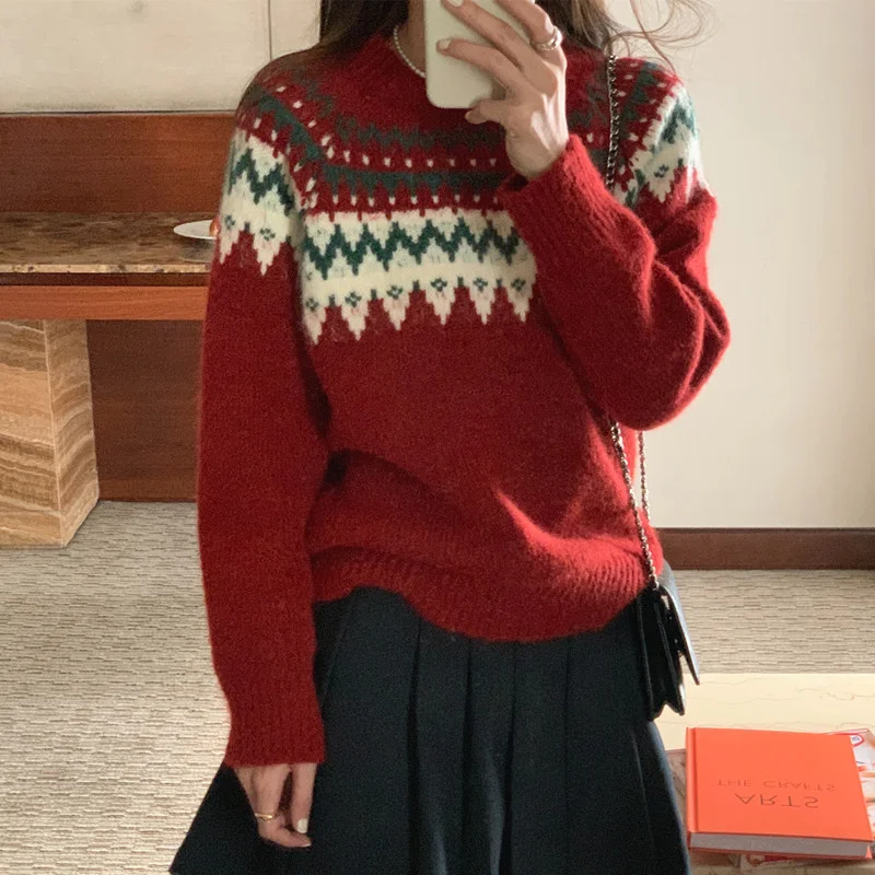 Ueong Ueong Photo 2024 Korea Retro Lazy Wind Jacquard Pop Loose Knit Round Collar Over Red Sweater