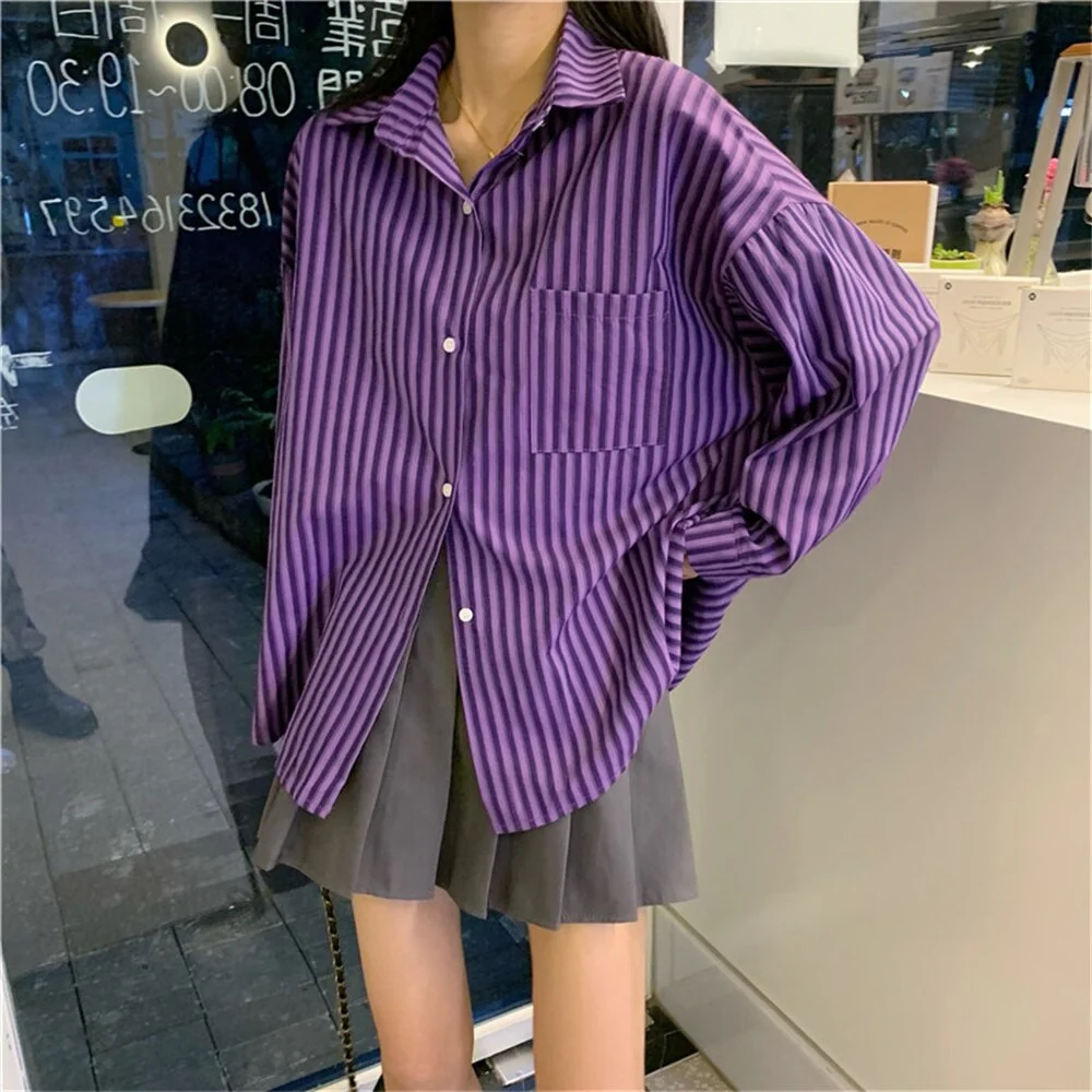 Jangj Alien Kitty Women Shirts Stripes Work Wear Tops Lady Chic Elegant All Match Loose 2022 Casual Oversize Spring Fashion Mujer