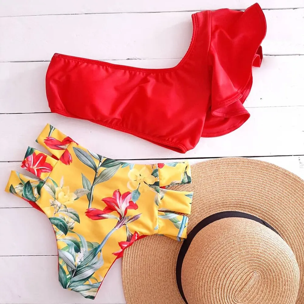 2021 New Two-Pieces Women Floral Push-up Padded Bra Ruffles Bandage Bikini Set Swimsuit Swimwear Bathing Suit Beachwear Biquini