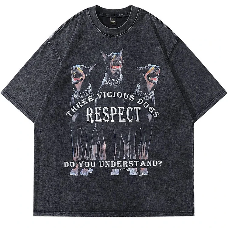 Loveciss®/ Vintage Punk Streetwear Hip Hop Doberman Dog Graphic Print Washed Oversize T-Shirt