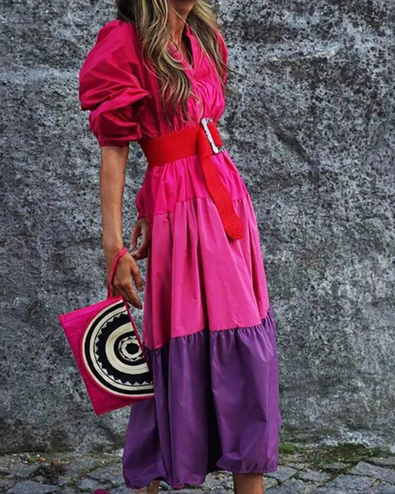 V-neck long-sleeve color-block dress