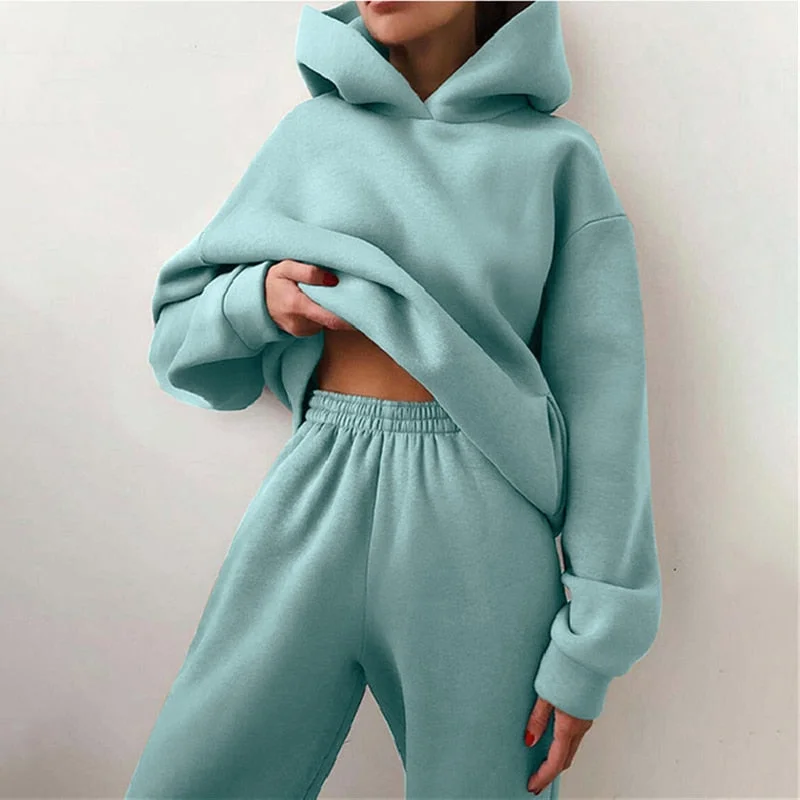 2021 Autumn Women's Tracksuit Casual Warm Plus Fleece Hooded Sweatshirts Suit Oversized Loose Hoodies Pants Sets Sports Outfit