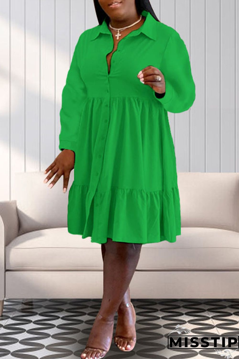 Black Casual Solid Patchwork Buckle Fold Turndown Collar A Line Plus Size Dresses