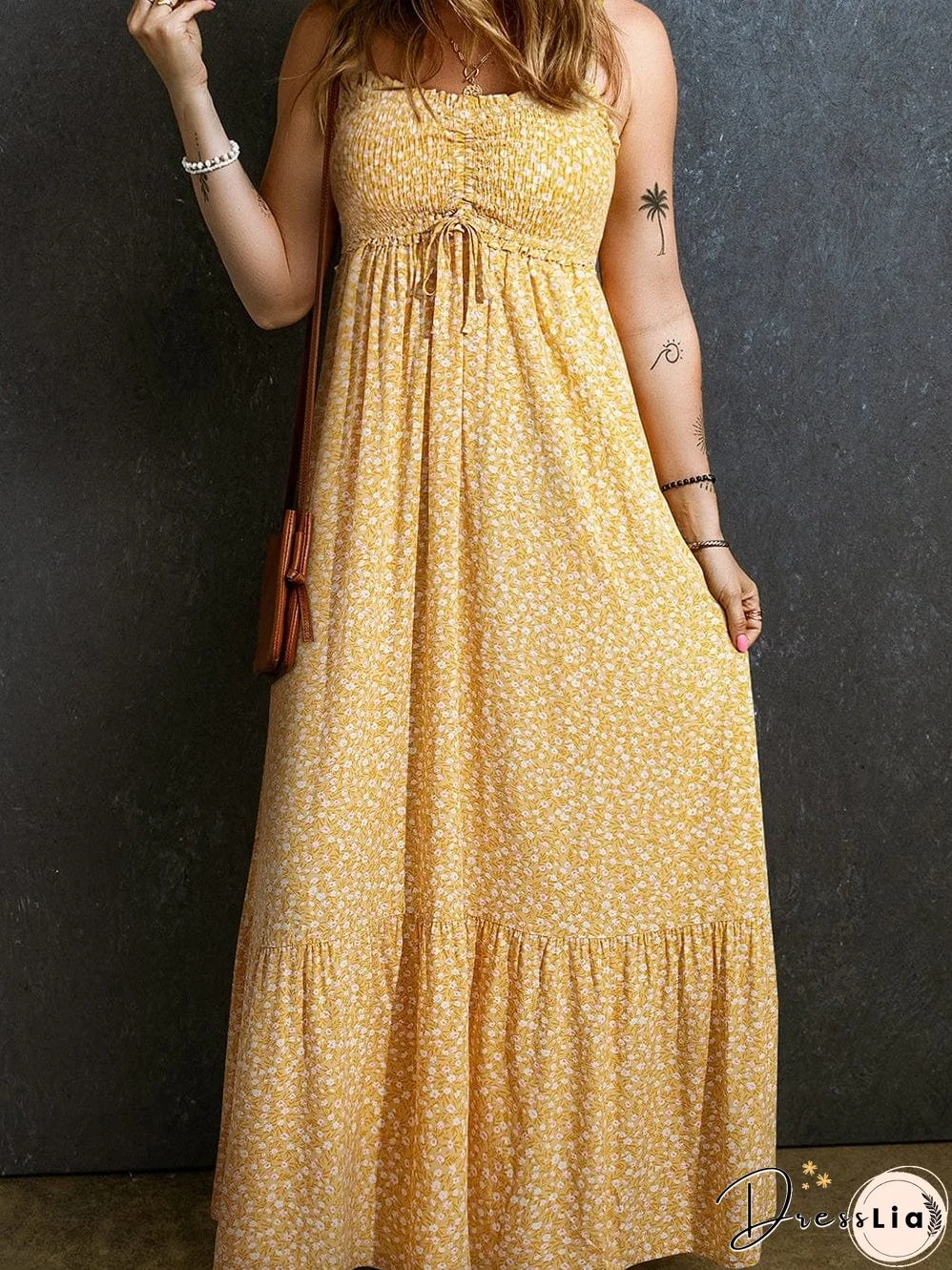 Yellow Floral Smocked Bodice Boho Maxi Dress