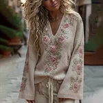 Women's Vintage Rose Art Cozy Knit Sweater - Image 2