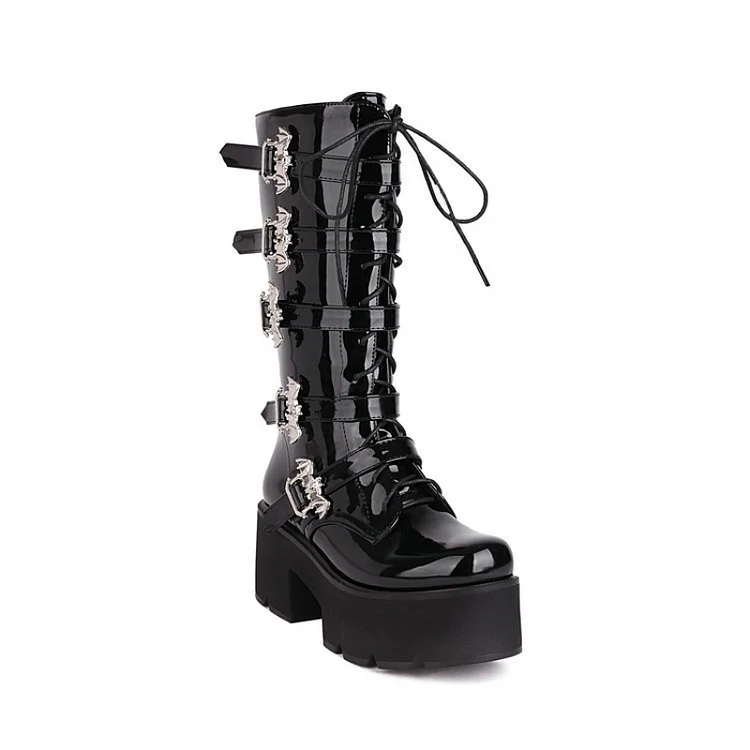 Punk Style Industrial Platform Multiple Buckle Adjustable Belt Patent Leather Martin Boots