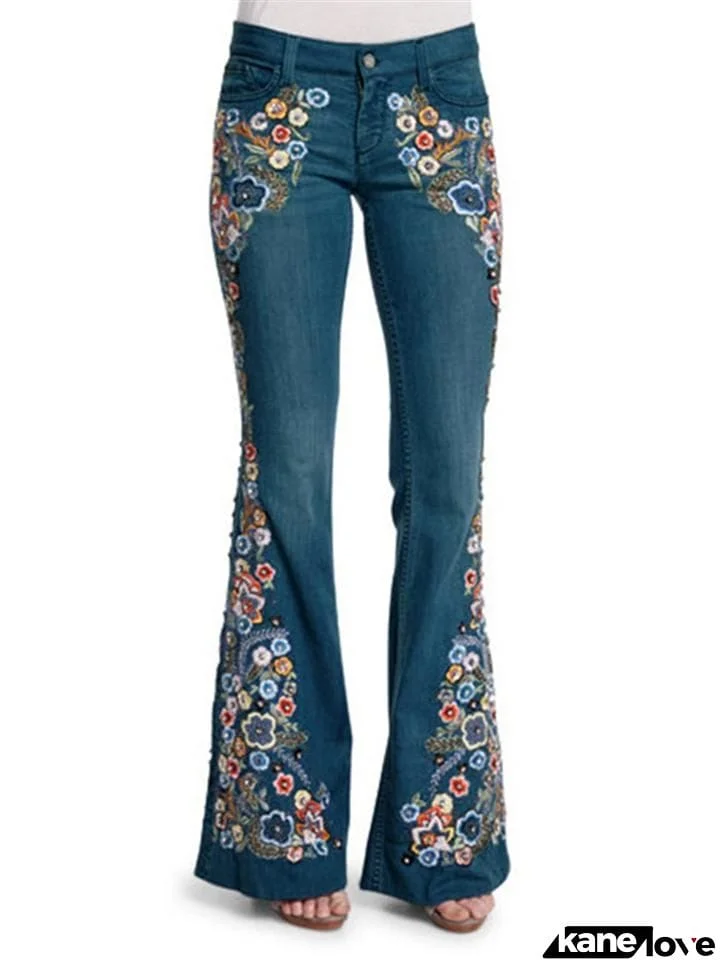 Retro Embroidery Floral Slim Fit Bell-Bottom Denim Pants