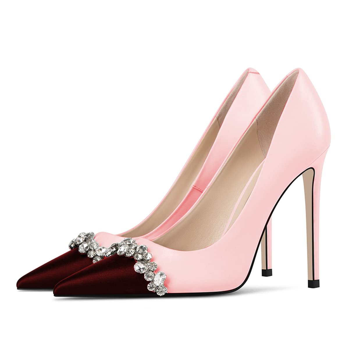 Pink & Maroon Patchwork Pointed Toe Stiletto Heel Pumps Shoes Nicepairs