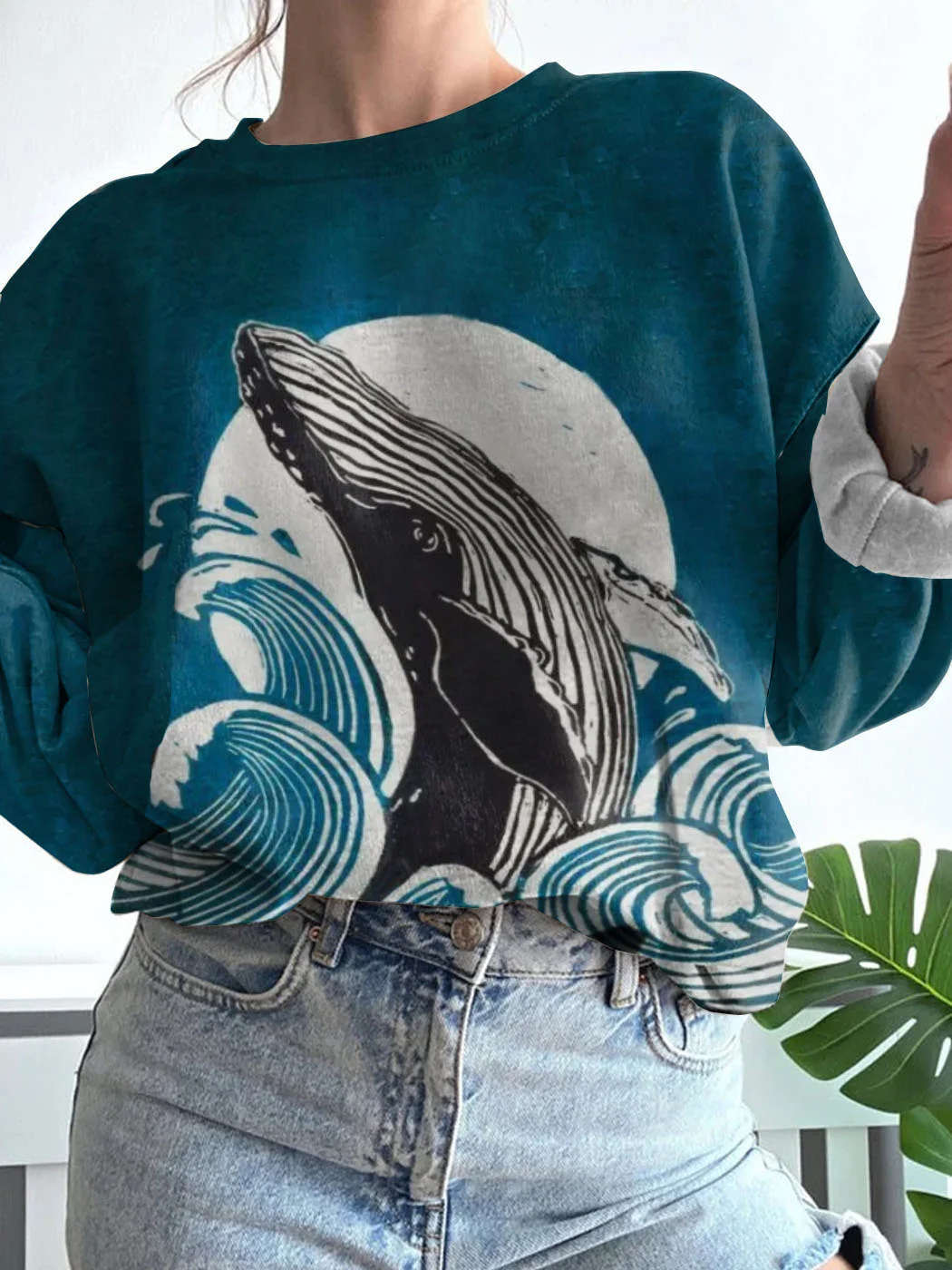 Whale Breach Full Moon Japanese Lino Art Vintage Sweatshirt / DarkAcademias /Darkacademias