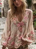 Women's Vintage Pink Floral Embroidered Art V-neck Long Sleeve Linen Blend Blouse