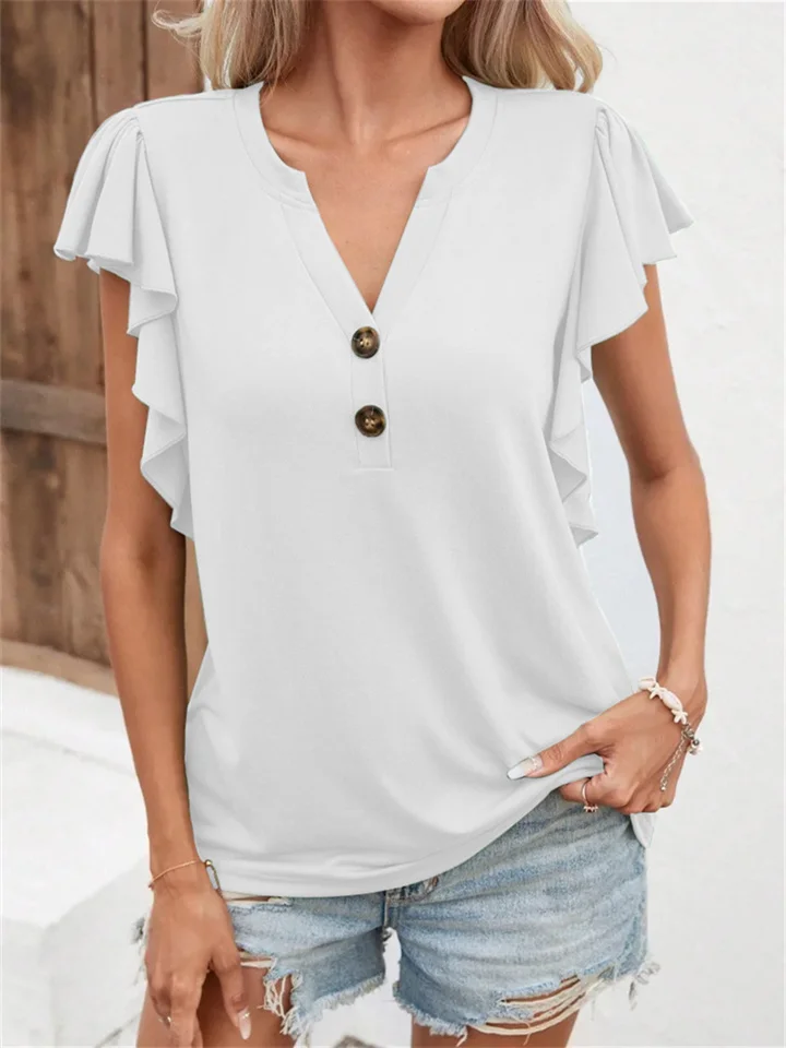 Summer Temperament Commuter Women's V-neck Ruffle Sleeve Elegant Women's Solid Color Short-sleeved Tops Short-sleeved T-shirt