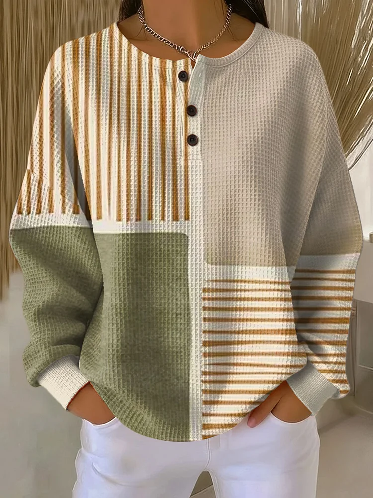 Women's Geometric Pattern Art Print Casual Waffle Henry Collar Sweatshirt