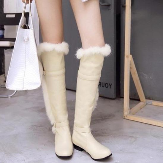 Women's fuzzy knee high boots low heel buckle strap knight boots for winter