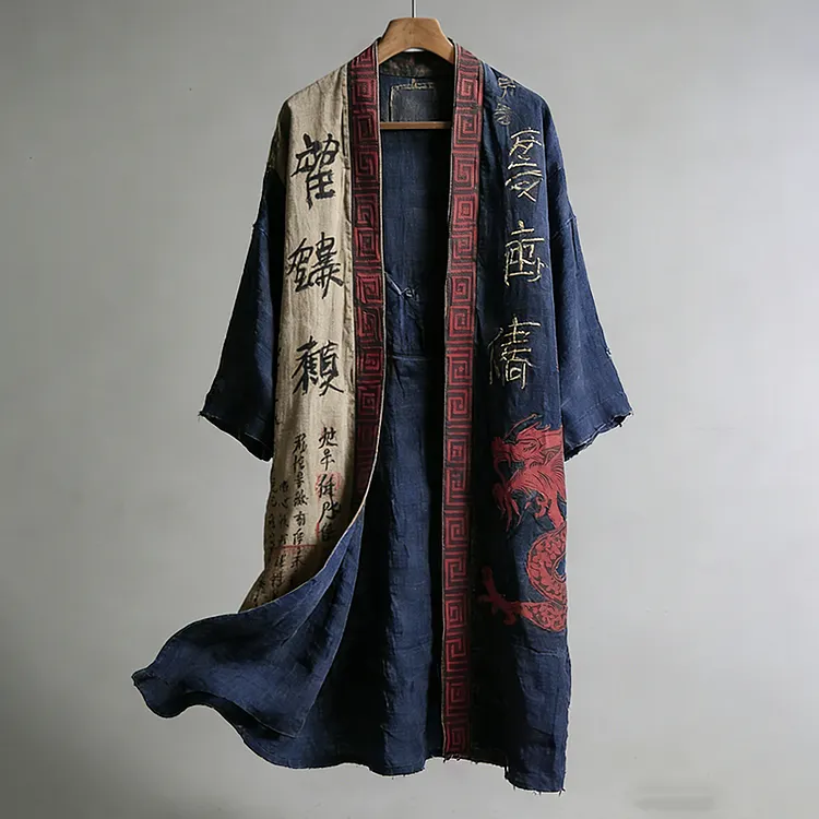 Men's Japanese Dragon Pattern Calligraphy And Painting Art Linen Long Kimono