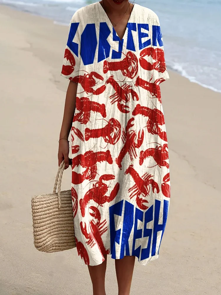 Women's Vintage Lobster Art Print Flowy Dress