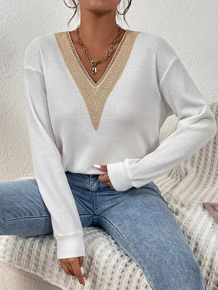 Casual Plain Autumn V Neck Micro-Elasticity Daily Loose Long Sleeve H-Line Tops For Women