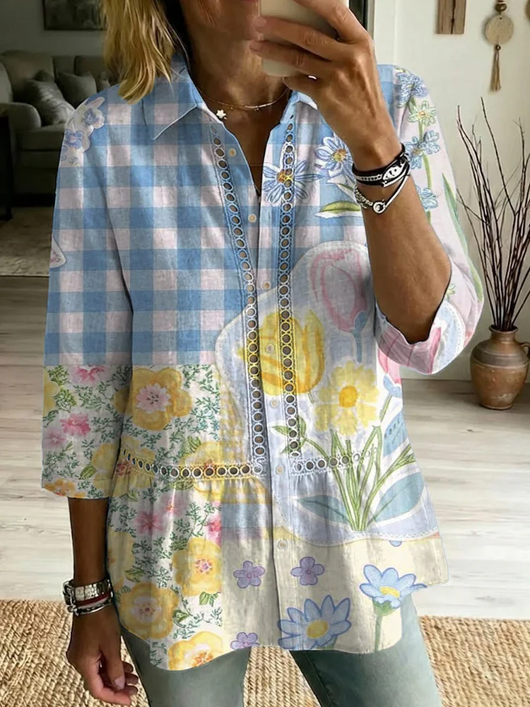 Casual Cotton-linen Shirt With Abstract Art Pattern, Patchwork, Cutouts, And Webbing Trim