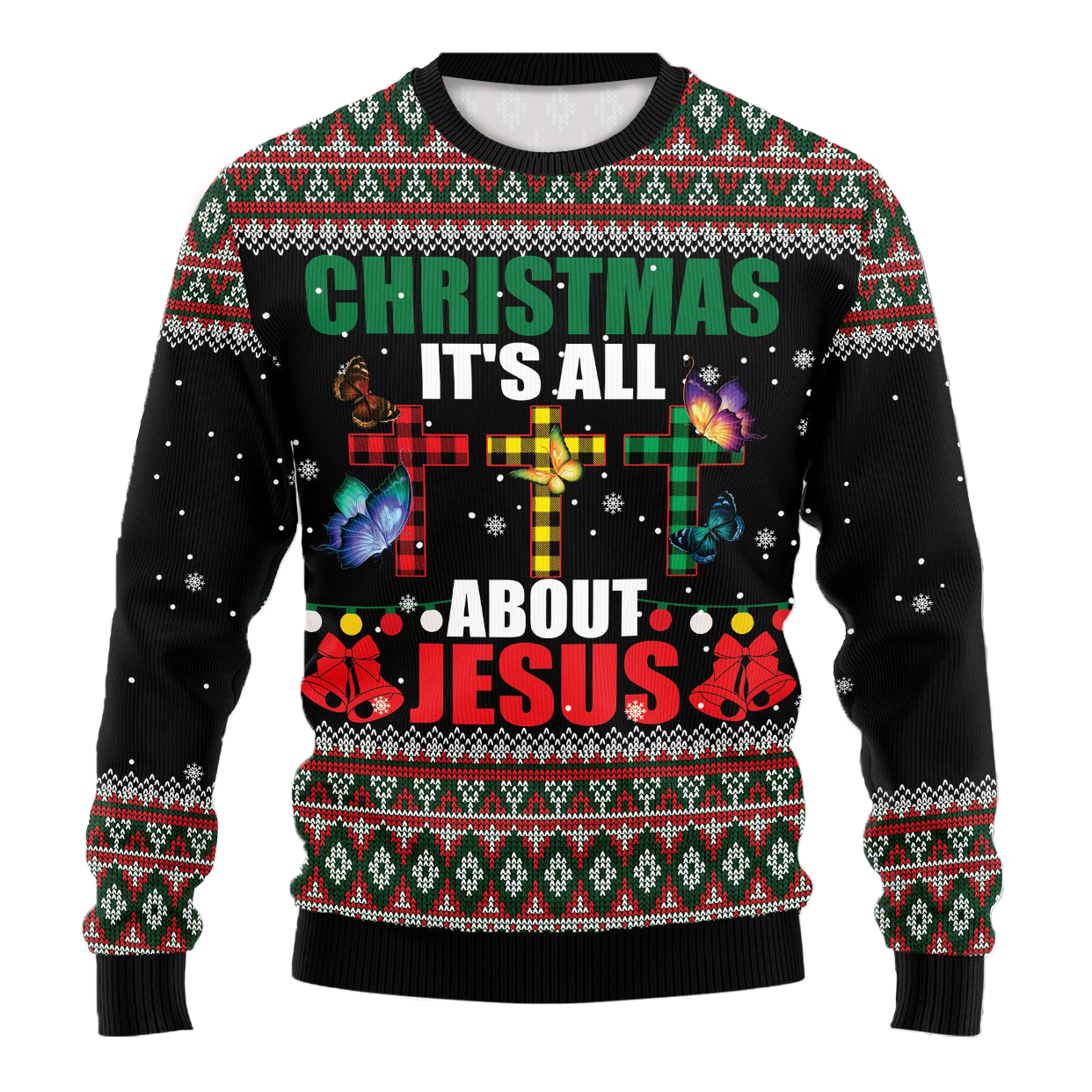 Men's It's All About Jesus Butterfly Plaid Cross Ugly Christmas Sweatshirt / [blueesa] /